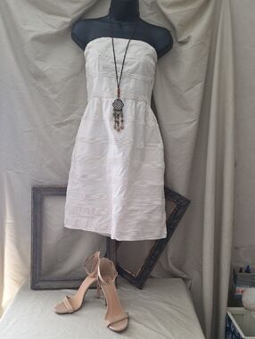 Strapless White Textured Summer Dress